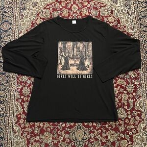 Witchy Halloween Girls Will Be Girls Black Graphic Long Sleeve Shirt Size Large